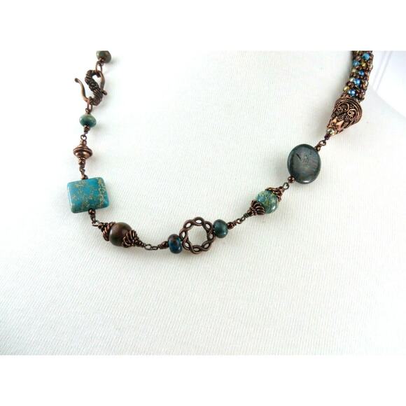 Statement Necklace Turquoise Howlite Beryl Color Copper Tone Metal Ornate Beads - Picture 10 of 12